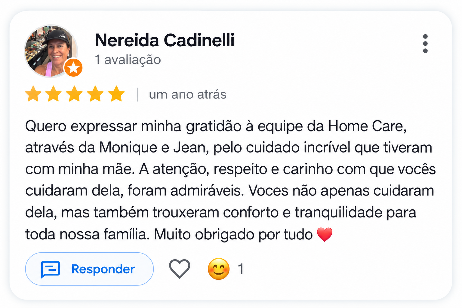 Avaliação de 5 estrelas no Google de uma família atendida