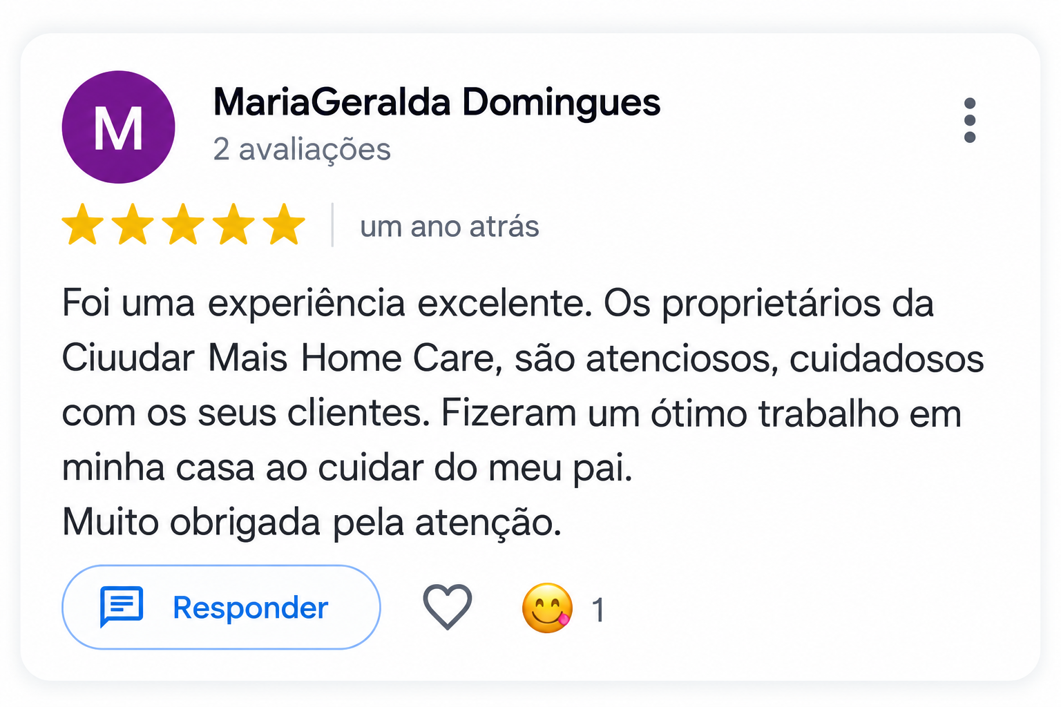 Avaliação de 5 estrelas no Google de uma família atendida