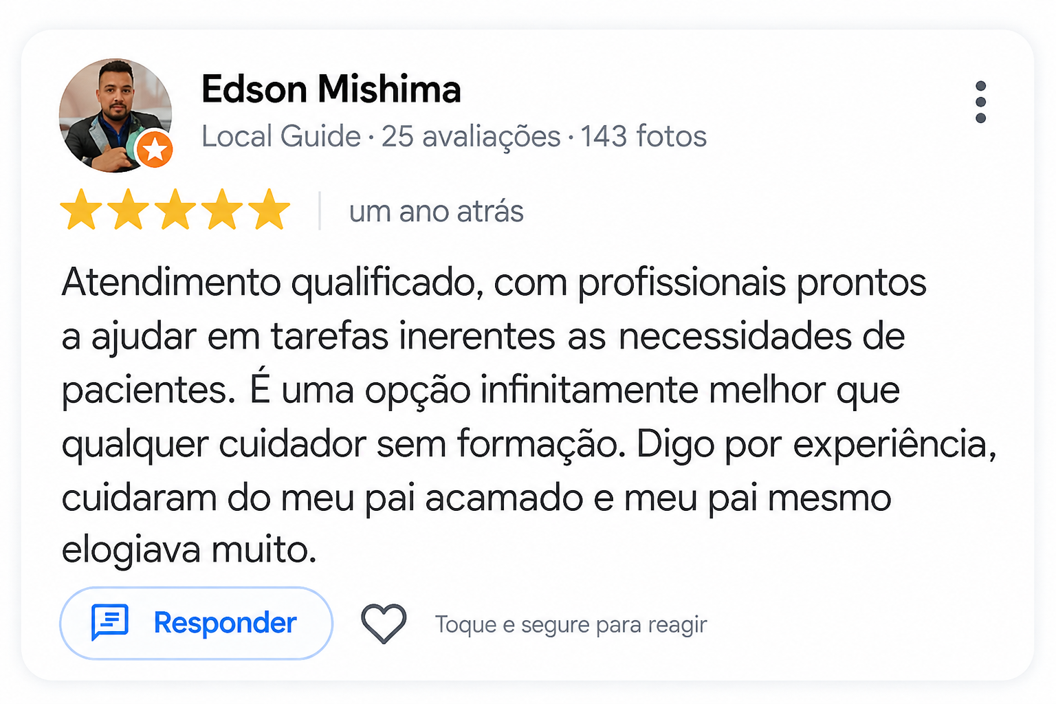 Avaliação de 5 estrelas no Google de uma família atendida